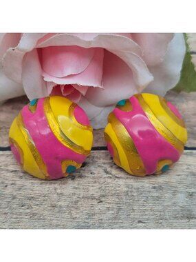 VTG 80's Enamel Puff Button Earrings Pink, Gold, & Yellow Lightweight Pierced